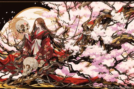20283-2730757416--ghost nocturnal, 1girl, long hair, solo, cherry blossoms, tree, skull, japanese clothes, moon, kimono, brown hair, full moon, v.png